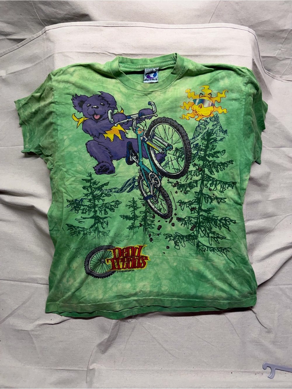 Liquid Blue Green Tie-Dye Kids T-Shirt with Purple Bear & Bike Graphic